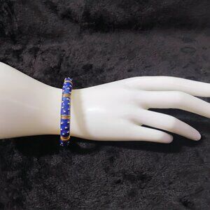 Vintage Dark Blue and Goldtone Hinged Bangle Bracelet (204)